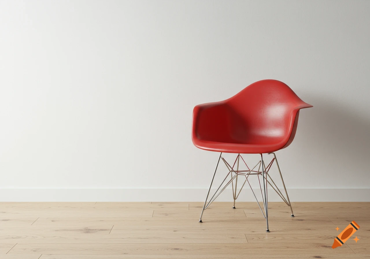 A red Eames chair with metal legs stands in front of a white wall on a light wooden floor.