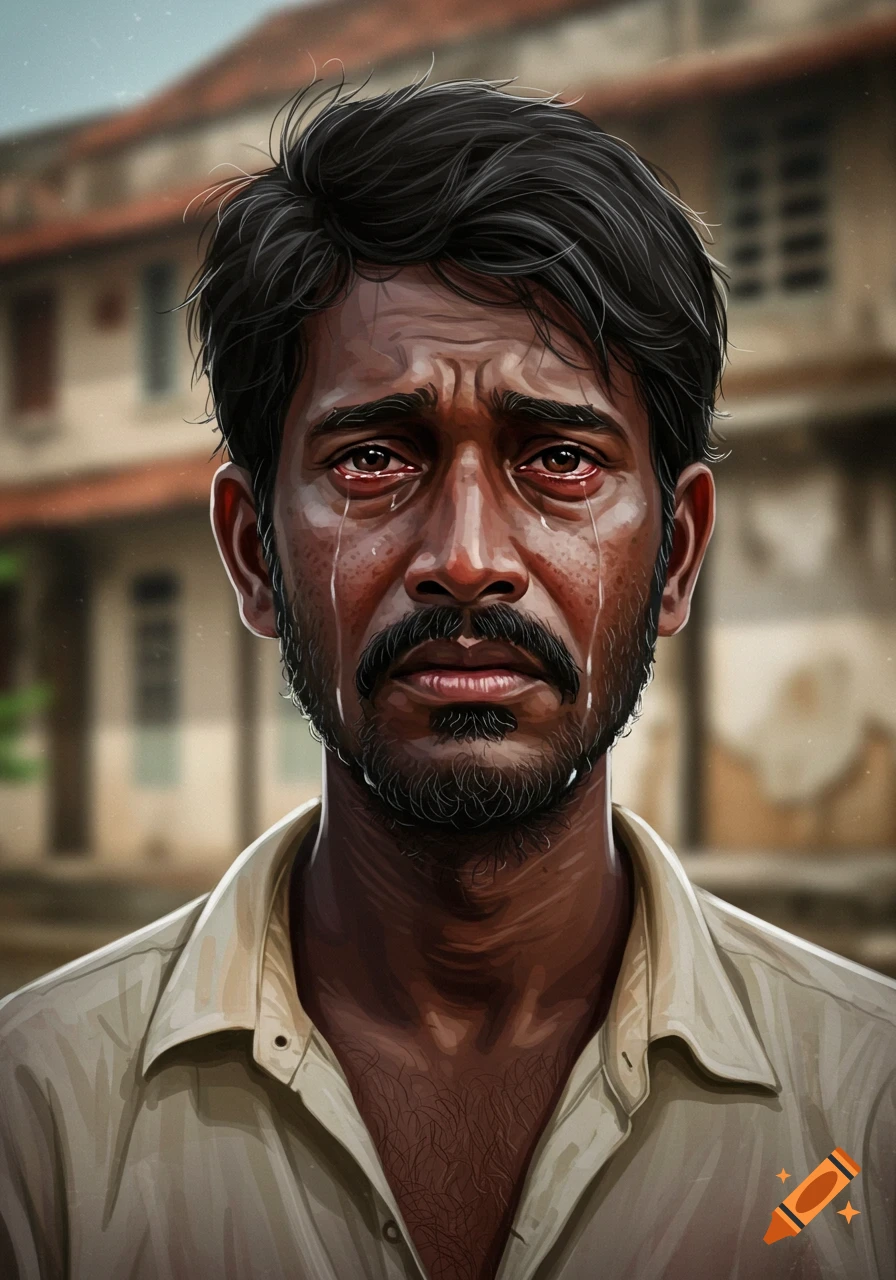 Stylized portrait of a crying man with dark skin, beard, and wet red eyes. Tears stream down his face against a blurred building background.