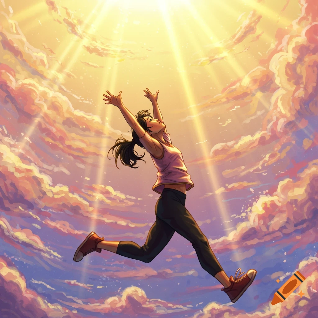 A stylized anime illustration of a person jumping high in a vibrant sky filled with orange and purple clouds, reaching towards golden sun rays.