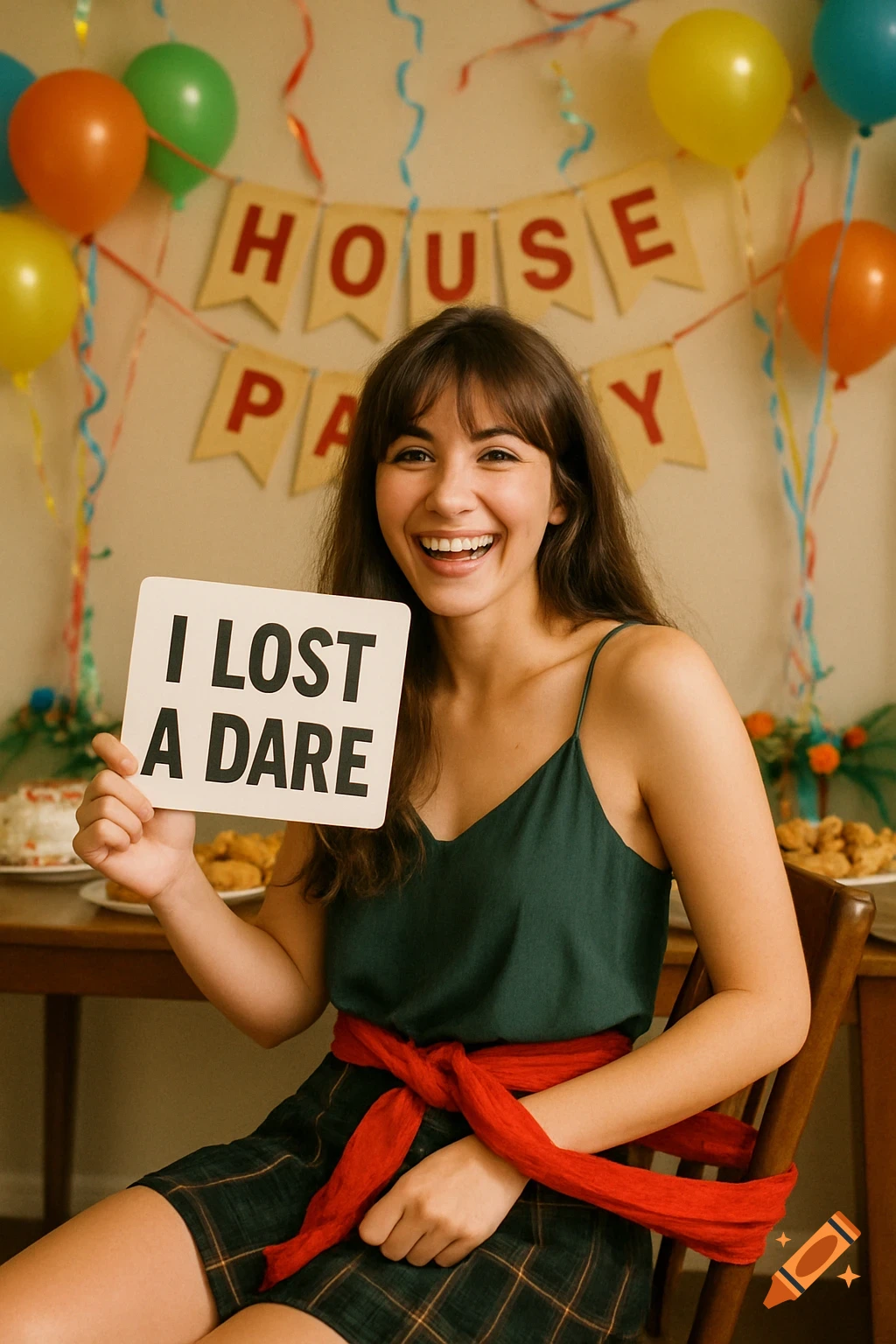 A young woman smiles joyfully at a house party, holding a sign that reads 'I LOST A DARE' while seated with her waist playfully tied to a chair.
