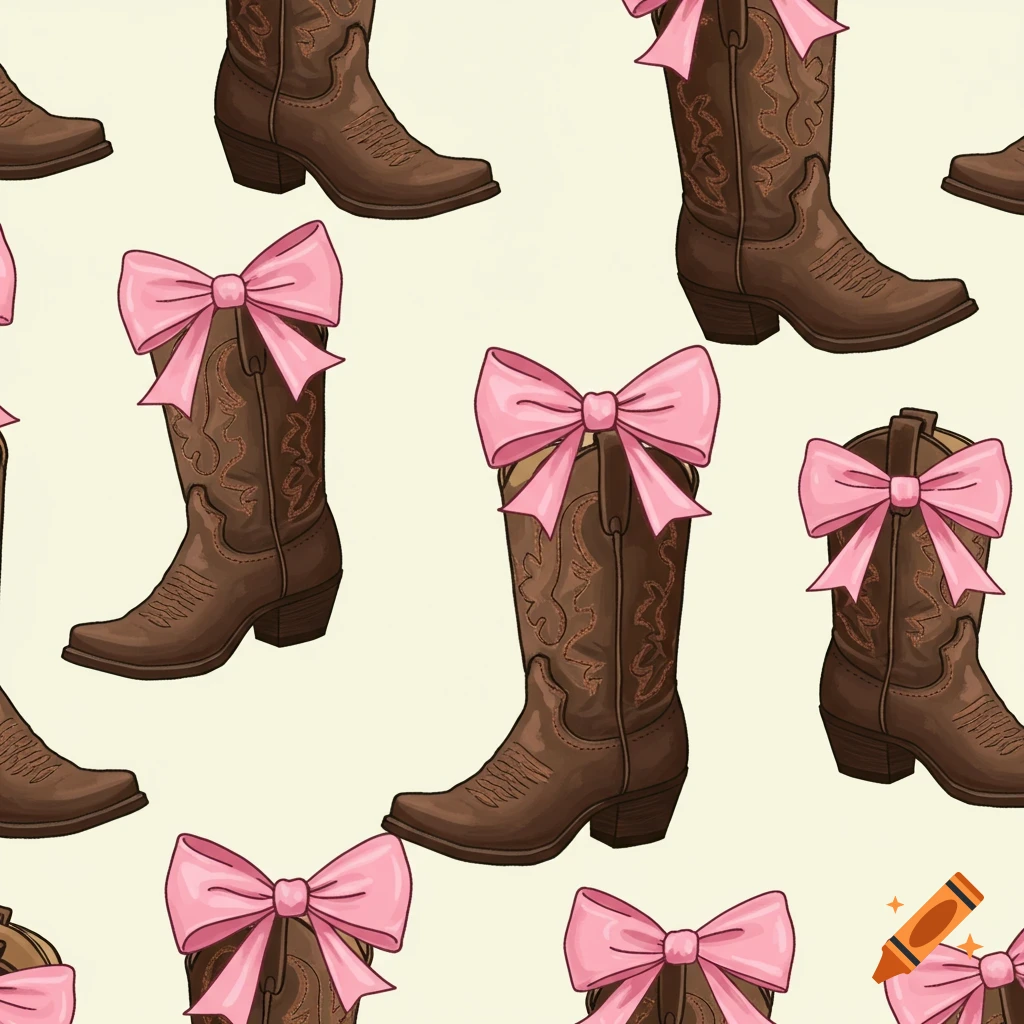 Seamless pattern of brown cowboy boots with pink bows, in an illustrative style.