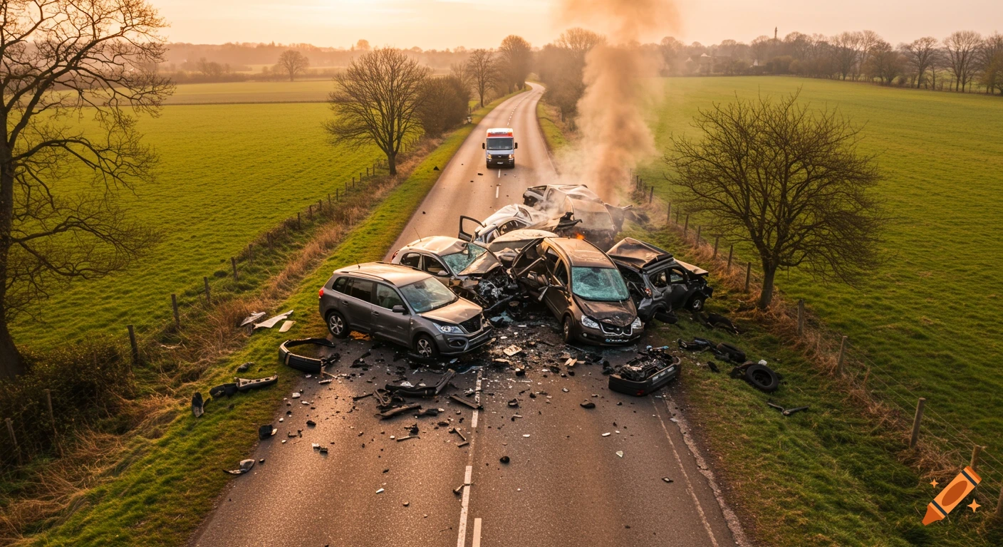 Aerial view of a multi-car pile-up on a rural road with fire, smoke, and scattered debris as an ambulance approaches.