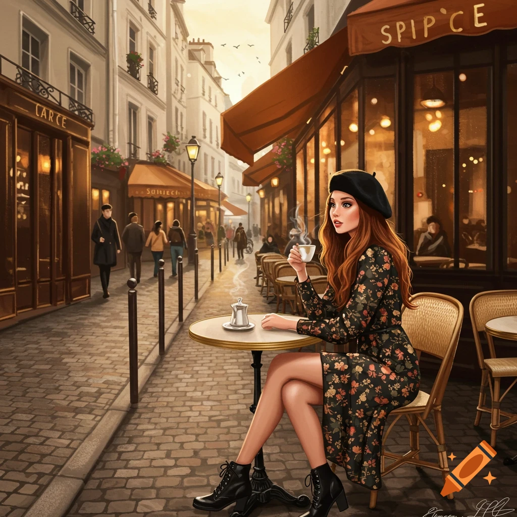 A woman with red hair and a beret sips coffee at an outdoor cafe table on a Parisian street in an illustrative style.