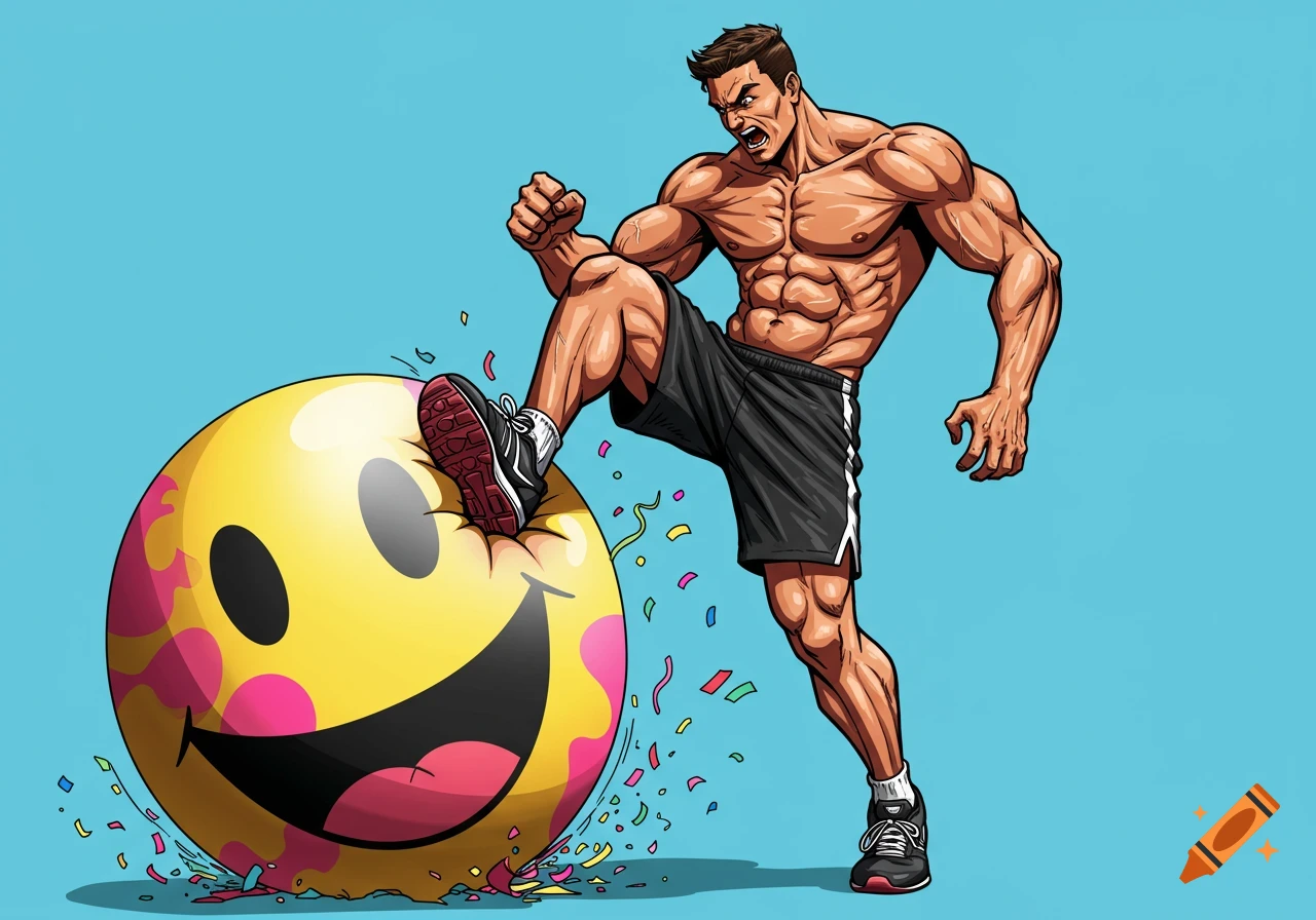 A muscular man stomping on a giant yellow smiley face balloon, in a cartoon style.