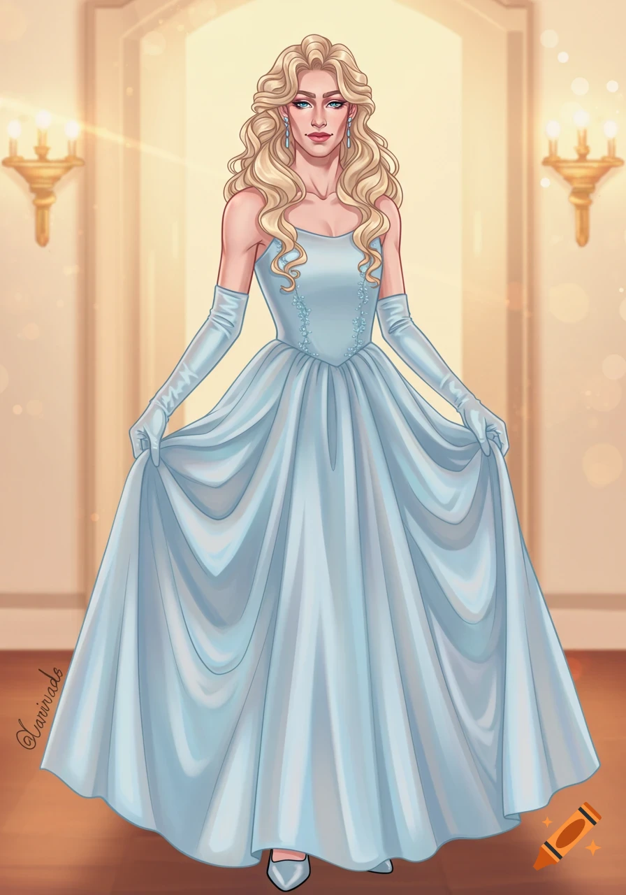A person with long blonde curly hair wears a light blue ball gown and elbow-length gloves in a brightly lit ballroom.