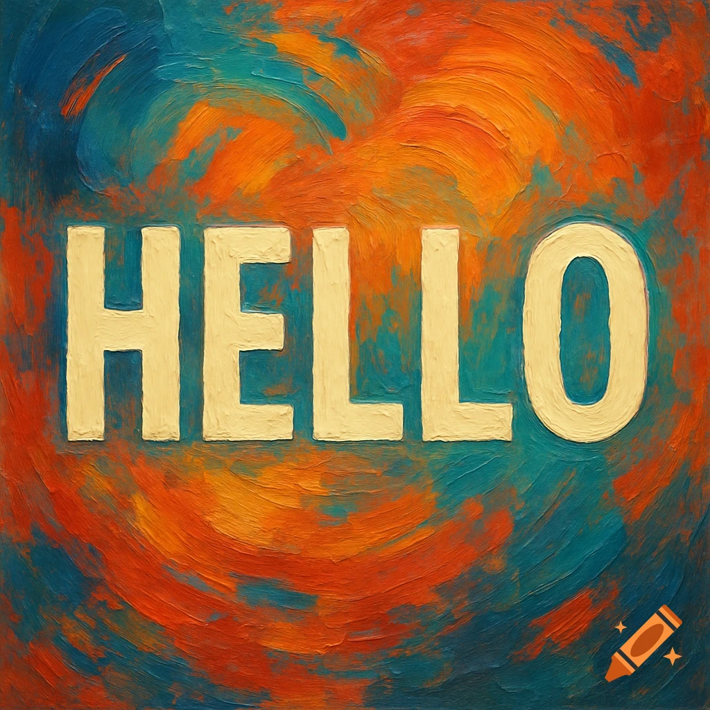 The word 'HELLO' in thick, cream-colored letters on an abstract background of swirling orange and teal impasto paint.