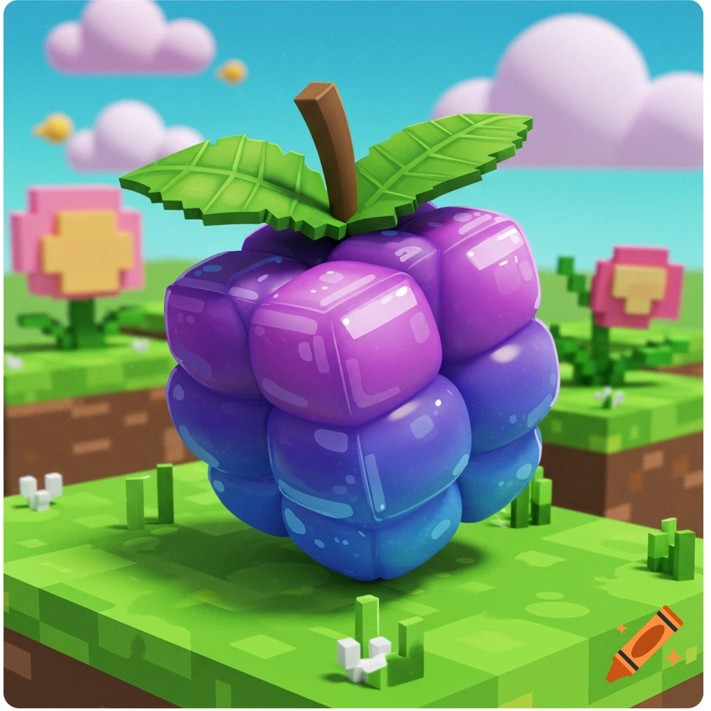 A large, blocky purple and blue berry with green leaves in a pixelated landscape with flowers and clouds, in a video game style.