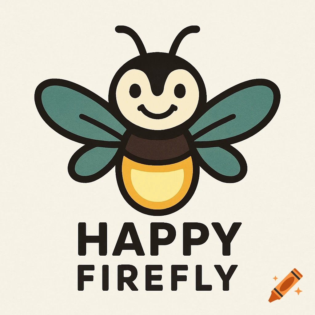 A cute, cartoon firefly logo with a smiling face and teal wings, above the text 'HAPPY FIREFLY'.