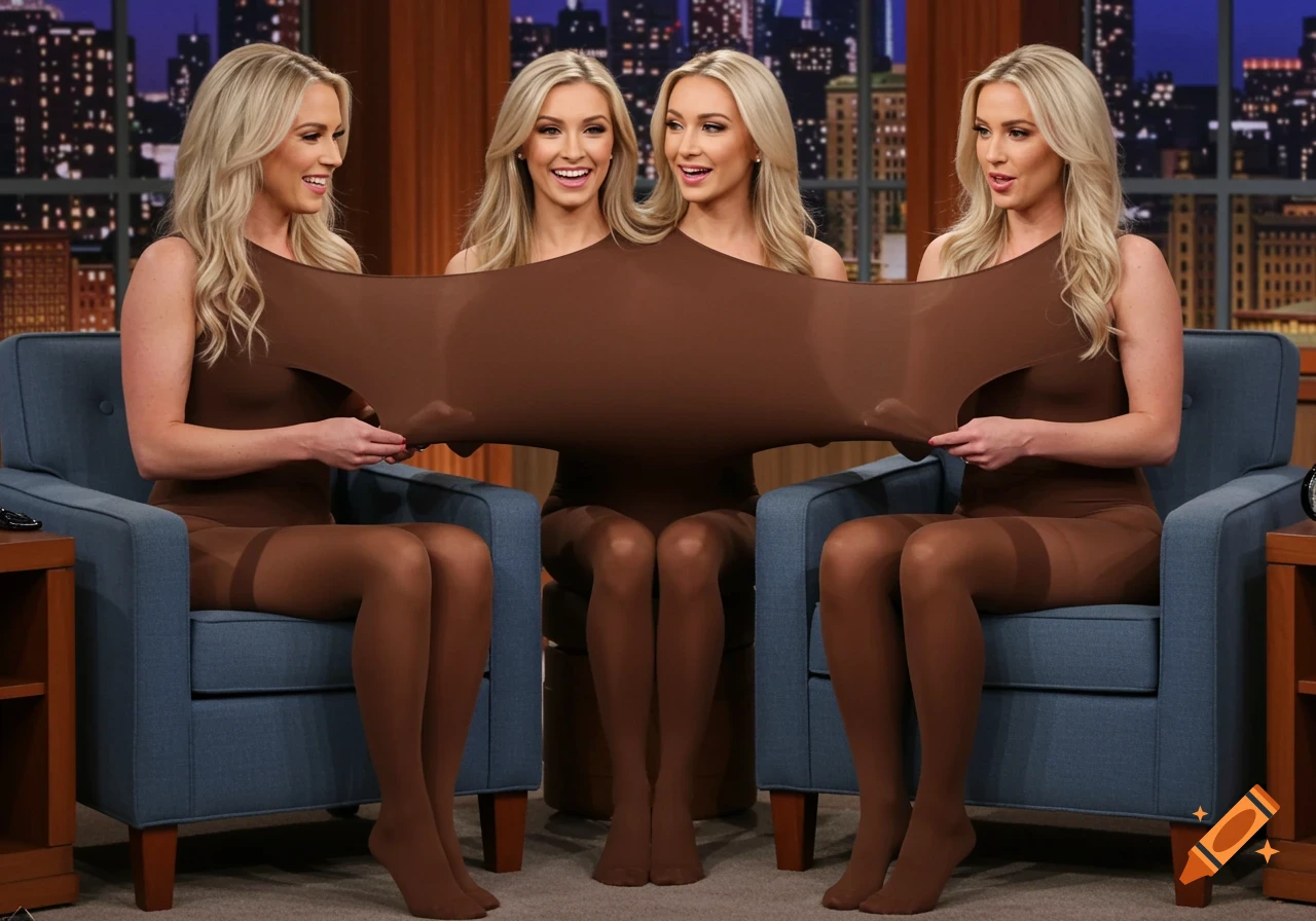 Four blonde women in brown full-body tights sit on blue chairs, with the two central women appearing to share a torso as they stretch a large piece of brown fabric.