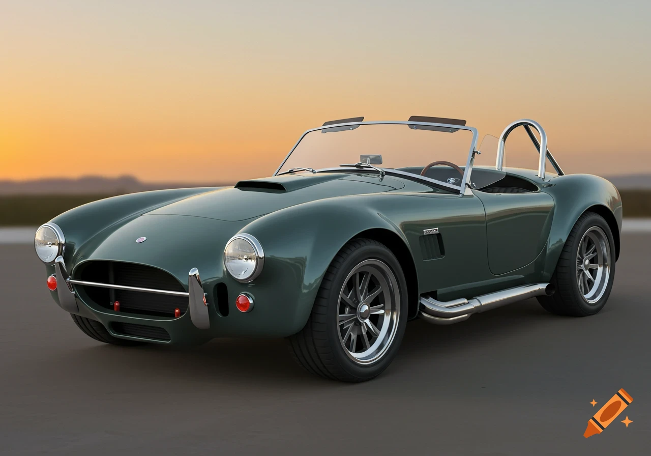 A dark green classic Shelby Cobra convertible sports car parked on asphalt at sunset.