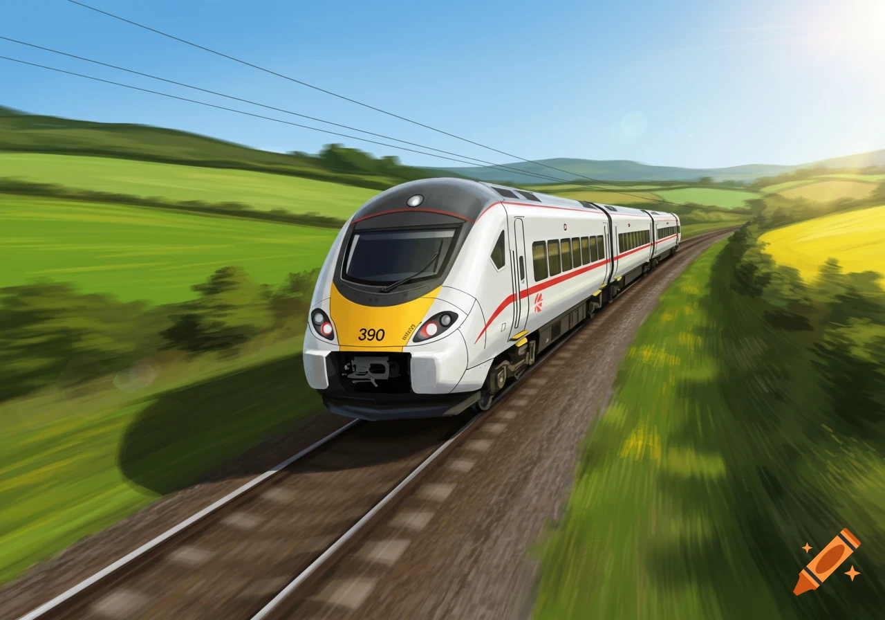 A white Class 390 Pendolino train with red and yellow accents speeds through a green, hilly countryside under a bright blue sky.