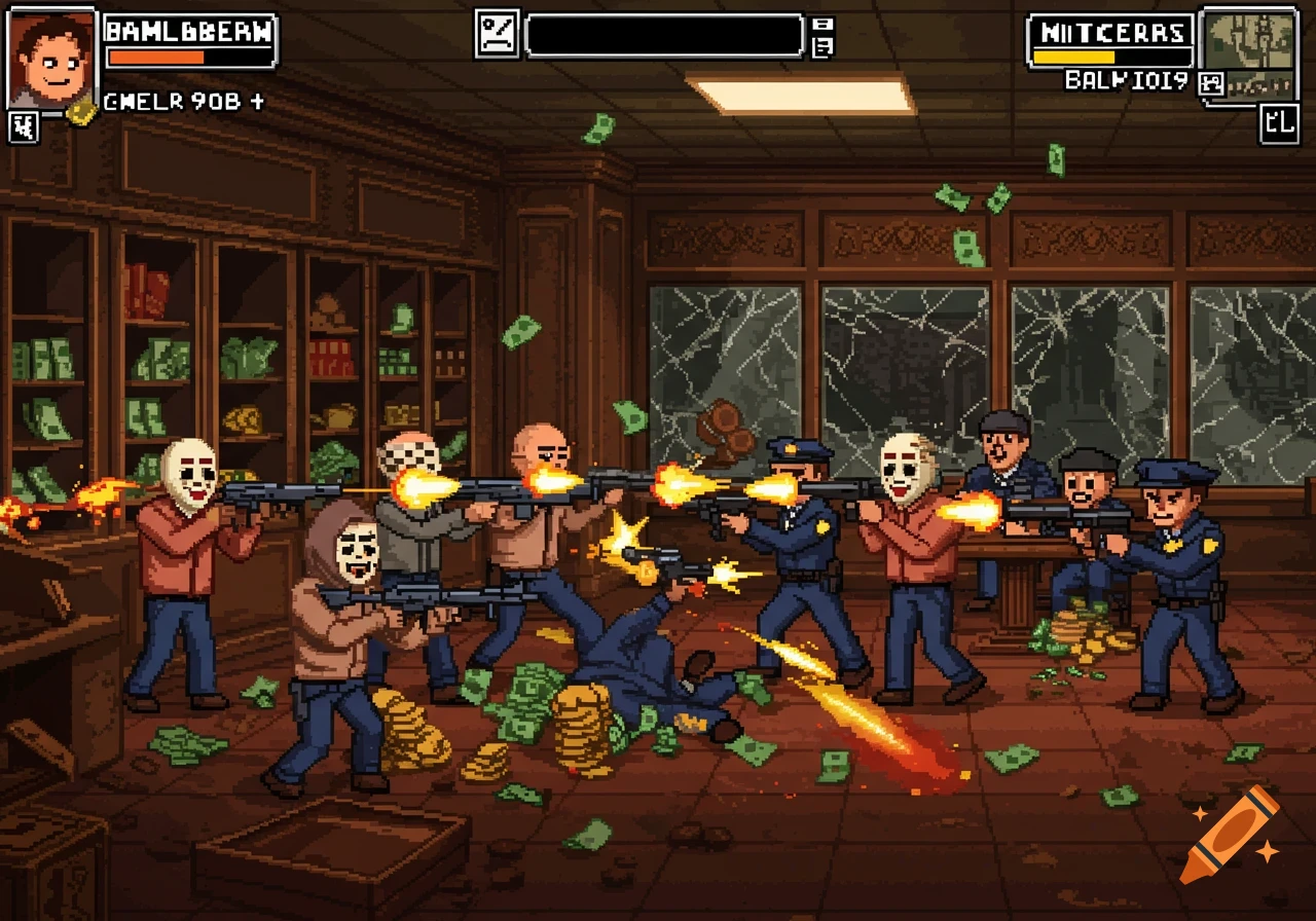 A retro pixel art scene depicting a bank robbery shootout. Masked robbers and police officers fire guns at each other amidst flying money, with one character falling to the ground. The background shows a bank vault and shattered windows.