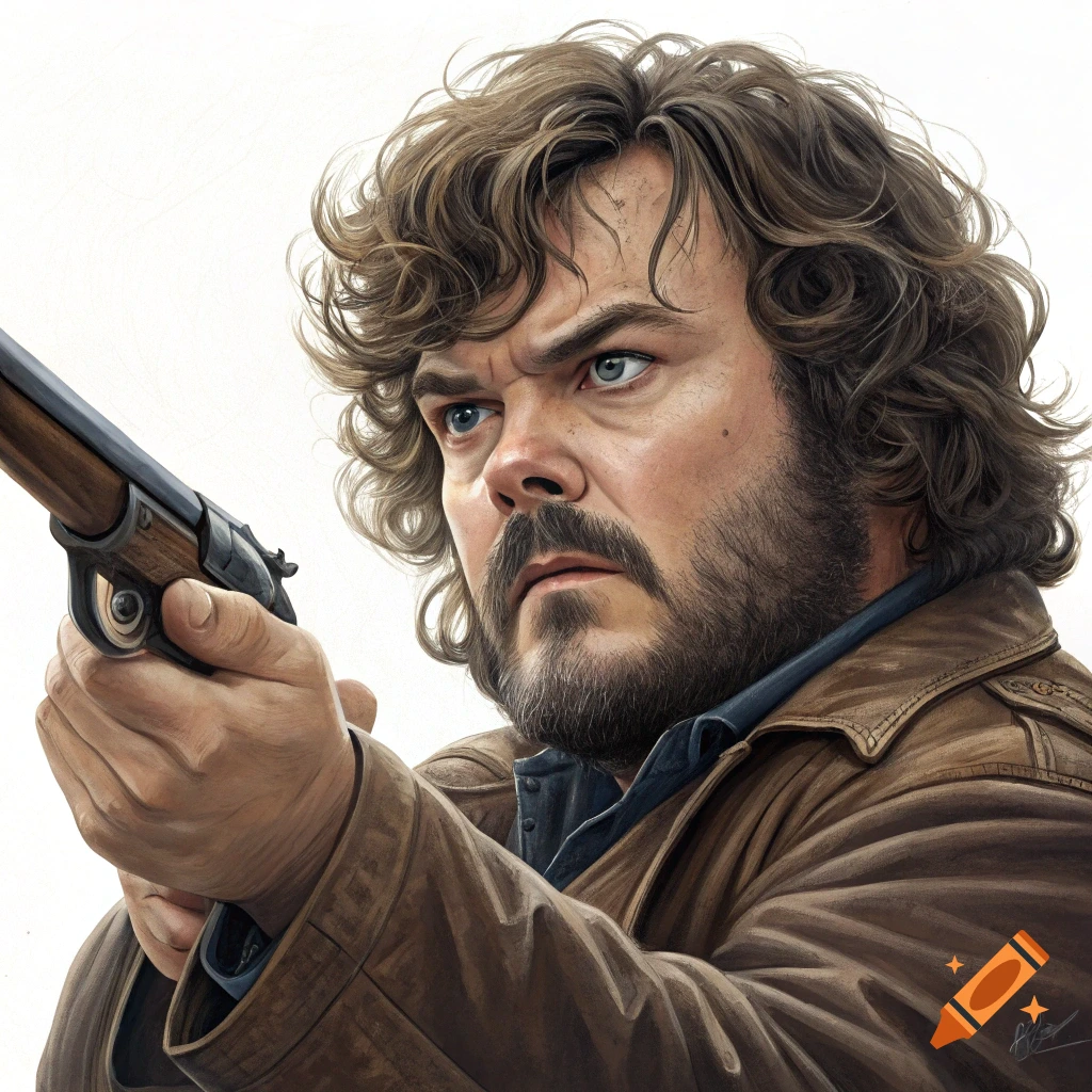 Photorealistic portrait of actor Jack Black with curly hair and beard, wearing a brown jacket, holding a rifle with an intense expression.