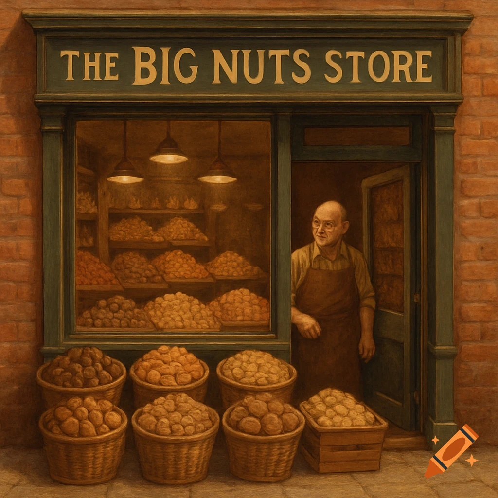 A painting of a man standing in the doorway of 'The Big Nuts Store' with baskets of nuts outside and inside the shop.