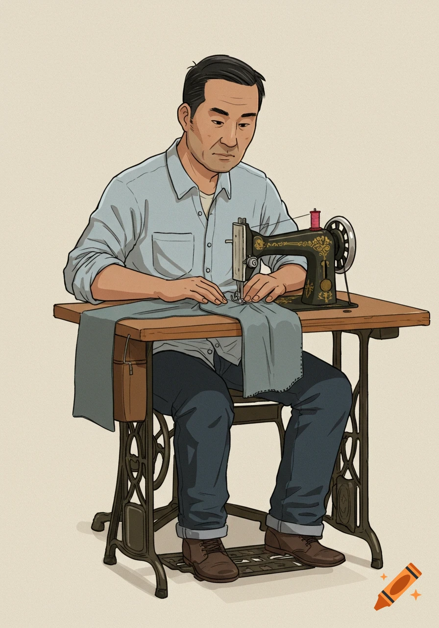 An illustration of a man sewing fabric on an old-fashioned sewing machine.