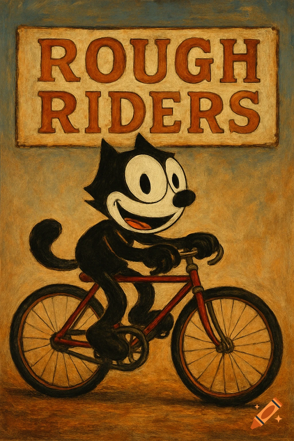 Felix the Cat rides a red bicycle under a sign that says "ROUGH RIDERS" in a textured, vintage illustration style.