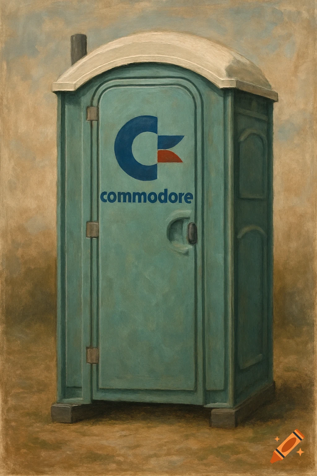 A painted portable toilet, teal, with a blue and red Commodore logo and 'commodore' text on its door.