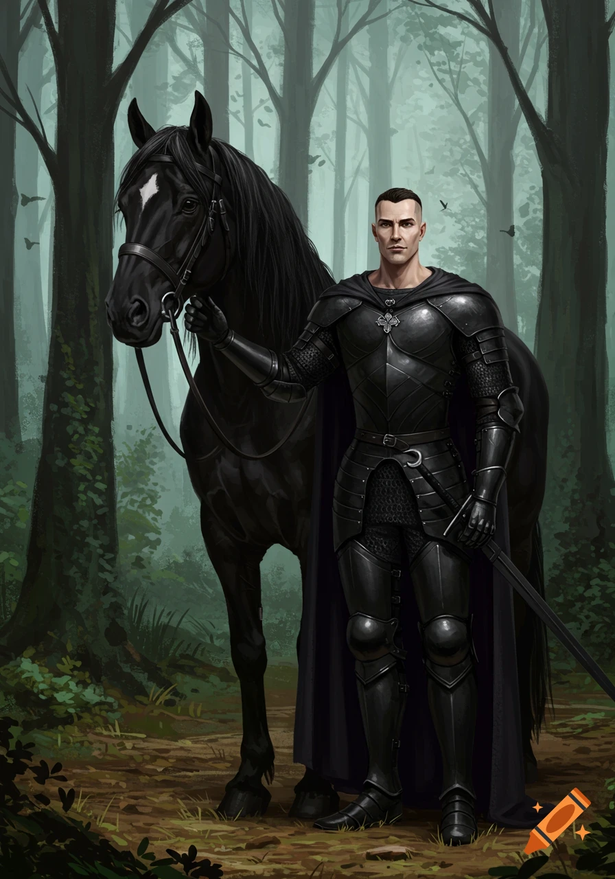 A man in black knight armor stands beside a black horse in a dark forest.