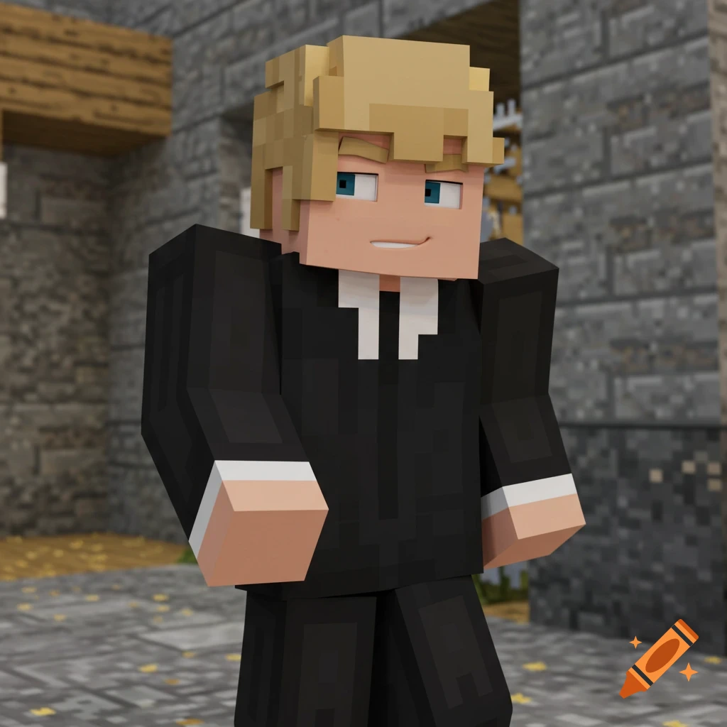 Minecraft-style male character with blond short hair and blue eyes, wearing a black suit, standing against a stone building background.