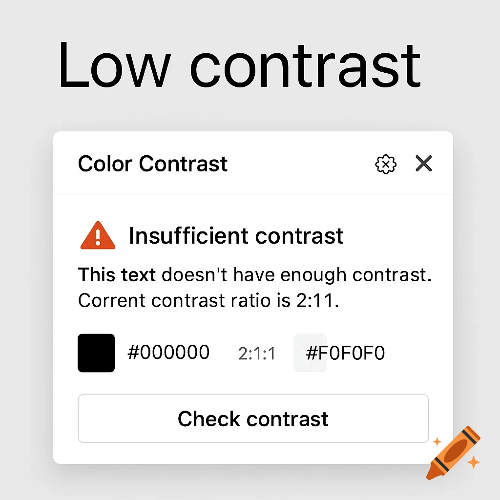 A screenshot of a color contrast plugin with a warning message "Insufficient contrast" and a typo "Corrent contrast ratio is 2:11" on a light gray background.