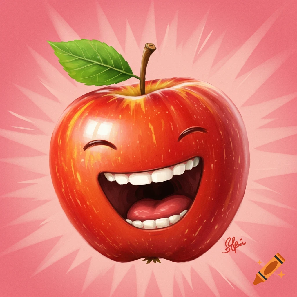 A vibrant, cartoonish red apple with a wide, laughing smile and closed eyes, set against a pink starburst background.
