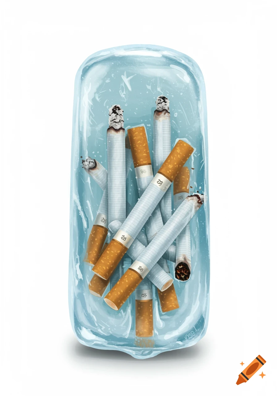 Illustration of cigarettes frozen inside a transparent block of ice.