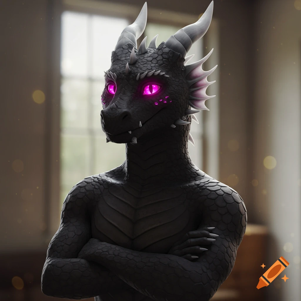 A black anthropomorphic dragon with glowing magenta eyes and silver horns stands with arms crossed indoors.