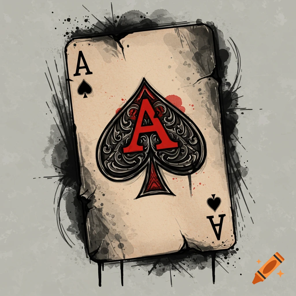 A distressed ace of spades playing card in a grungy tattoo art style with ink splatters.