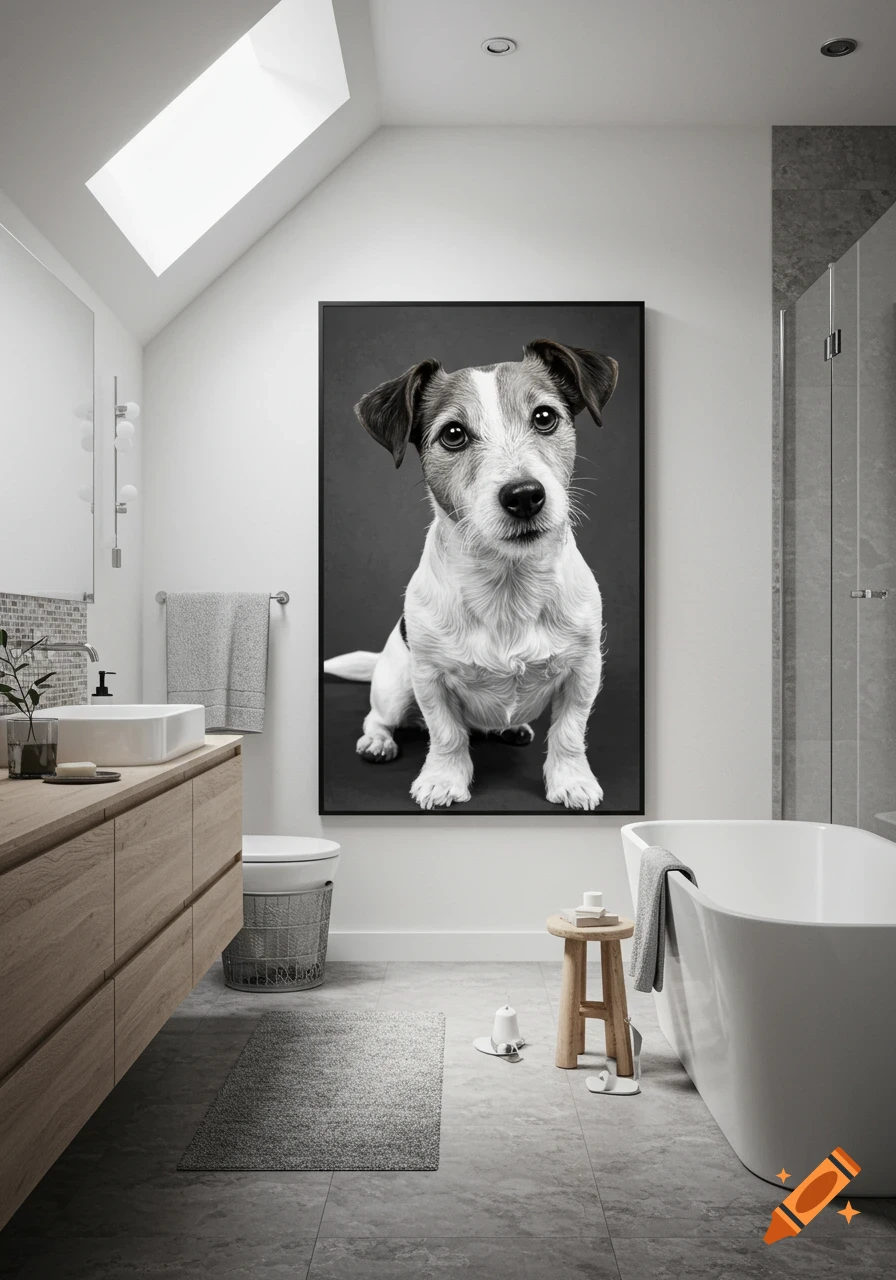 Photorealistic image of a modern white bathroom with a bathtub, wooden vanity, and a large framed black and white portrait of a Jack Russell Terrier.