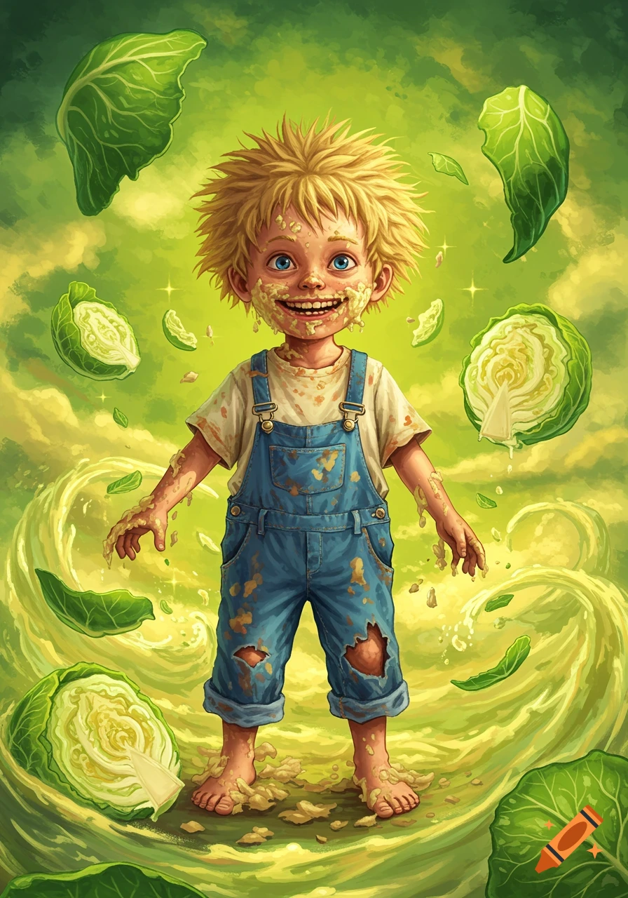 A whimsical illustration of a smiling boy covered in sauerkraut, standing amidst floating cabbage leaves in a vibrant green, swirling landscape.