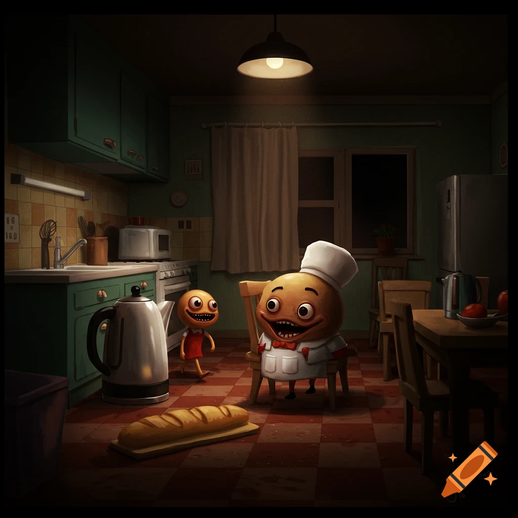 Two large-eyed cartoon characters, one a chef, in a dimly lit kitchen with a baguette on the floor.
