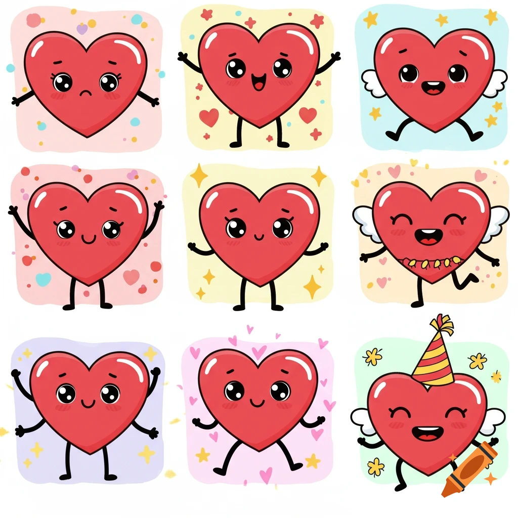 Nine cartoon red hearts with different cute expressions and poses on pastel backgrounds.