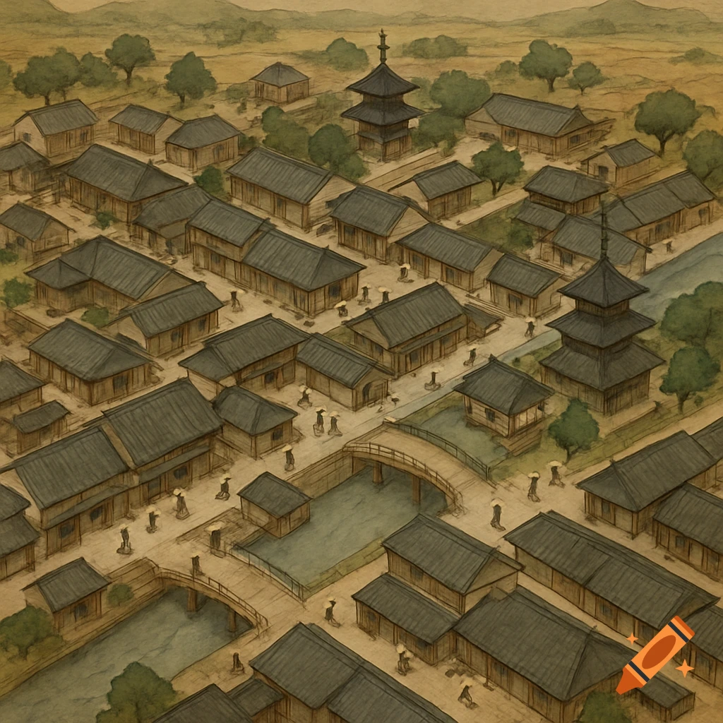 Overhead watercolor map of a 1700s Japanese town with traditional buildings, pagodas, and bridges.