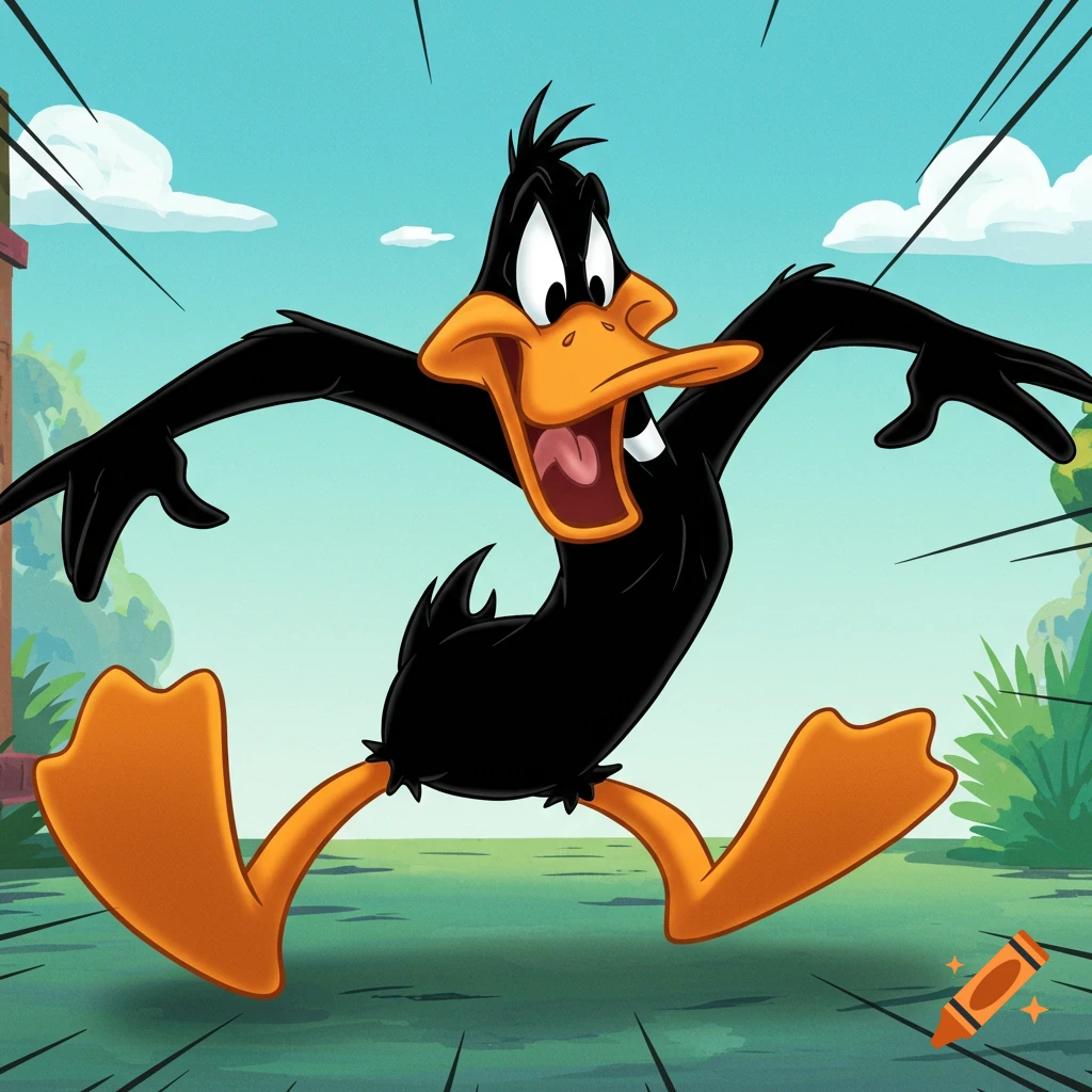 Daffy Duck running with a surprised or excited expression in a classic cartoon style.