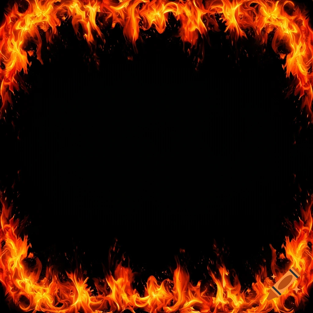 A vibrant orange and red fire border frames a black background.
