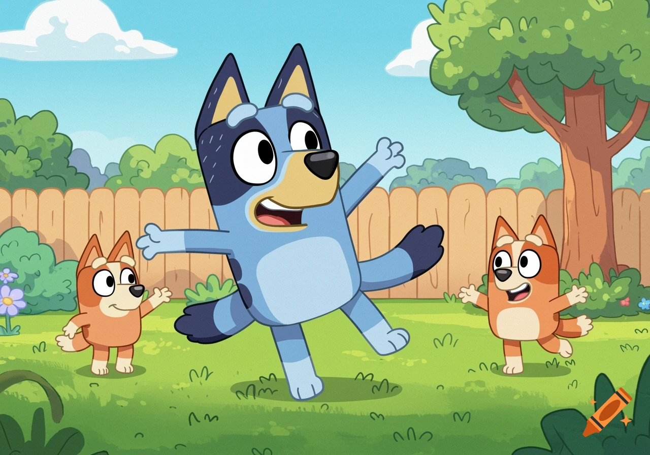 Bluey, a blue dog, and two smaller orange dogs playfully run in a bright green backyard with a wooden fence and trees.