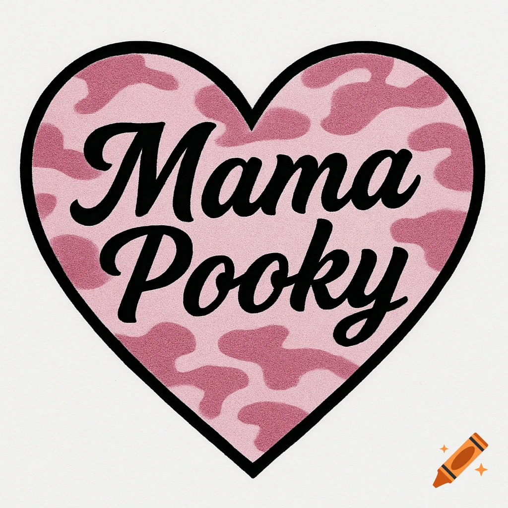 A pink camouflage heart with black script text 'Mama Pooky' outlined in black.