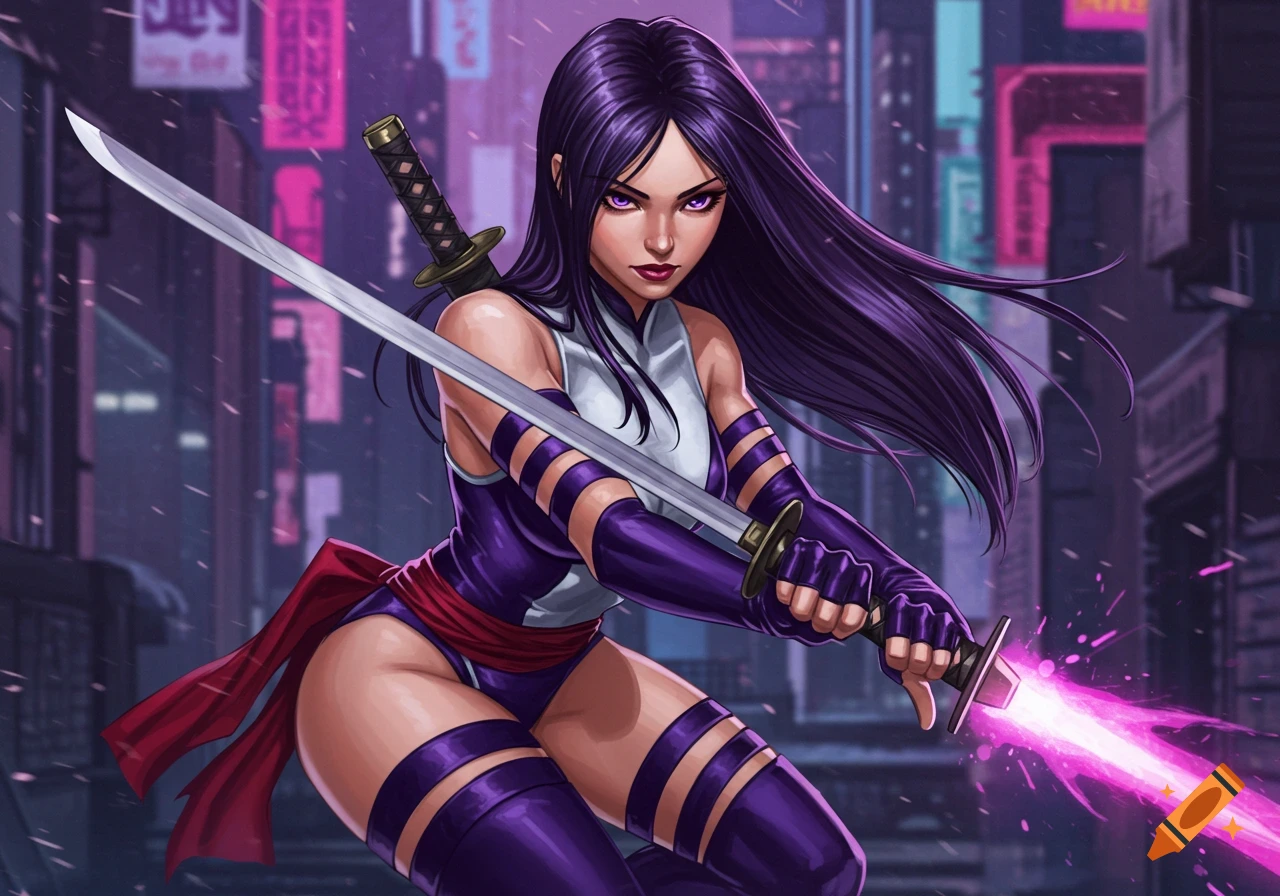 Purple-haired Psylocke in a superhero costume, holding a katana and a glowing psychic blade in a cyberpunk city.