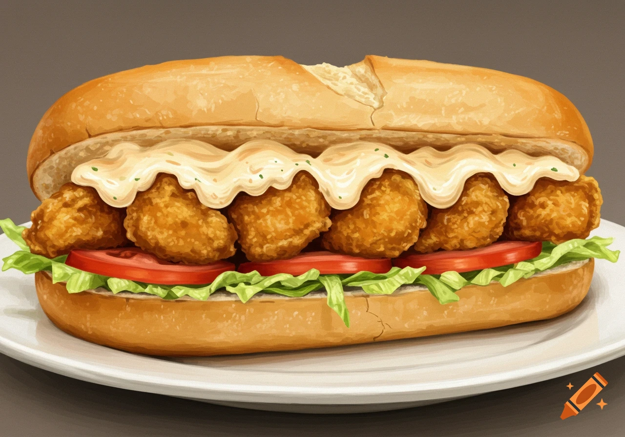 A close-up illustration of a fried shrimp po' boy sandwich with lettuce, tomato, and remoulade sauce on a baguette, served on a white plate.