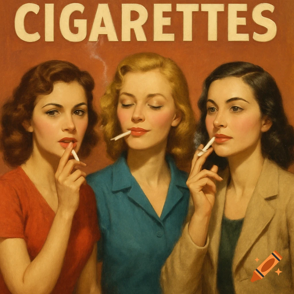 A retro painting of three women in vintage attire smoking cigarettes, with 'CIGARETTES' text above them.