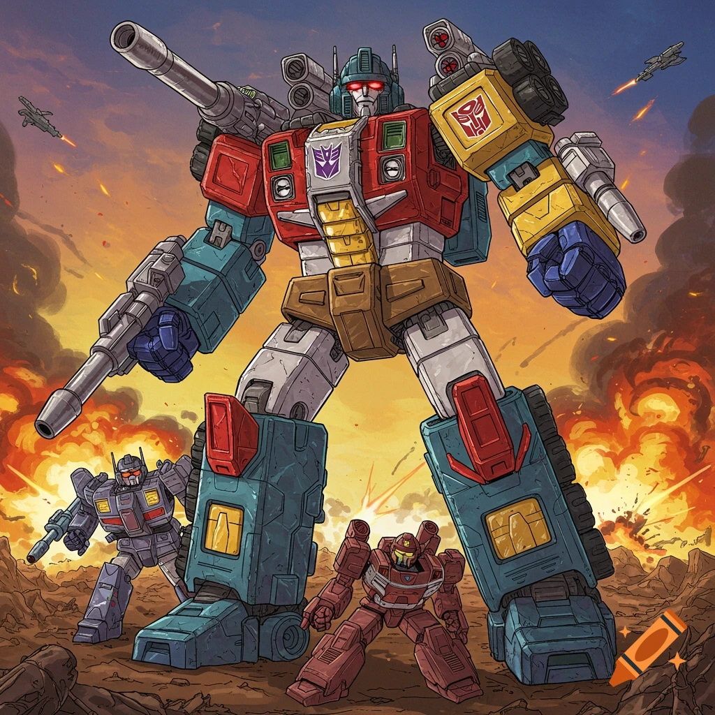 A large, colorful robot with a cannon stands on a battle-scarred landscape with two smaller robots and distant explosions, in the style of 1980s Transformers animation.