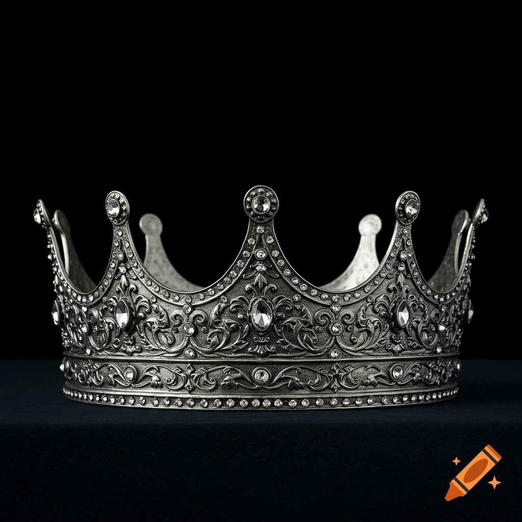 A detailed silver crown adorned with jewels, against a dark background, photorealistic.