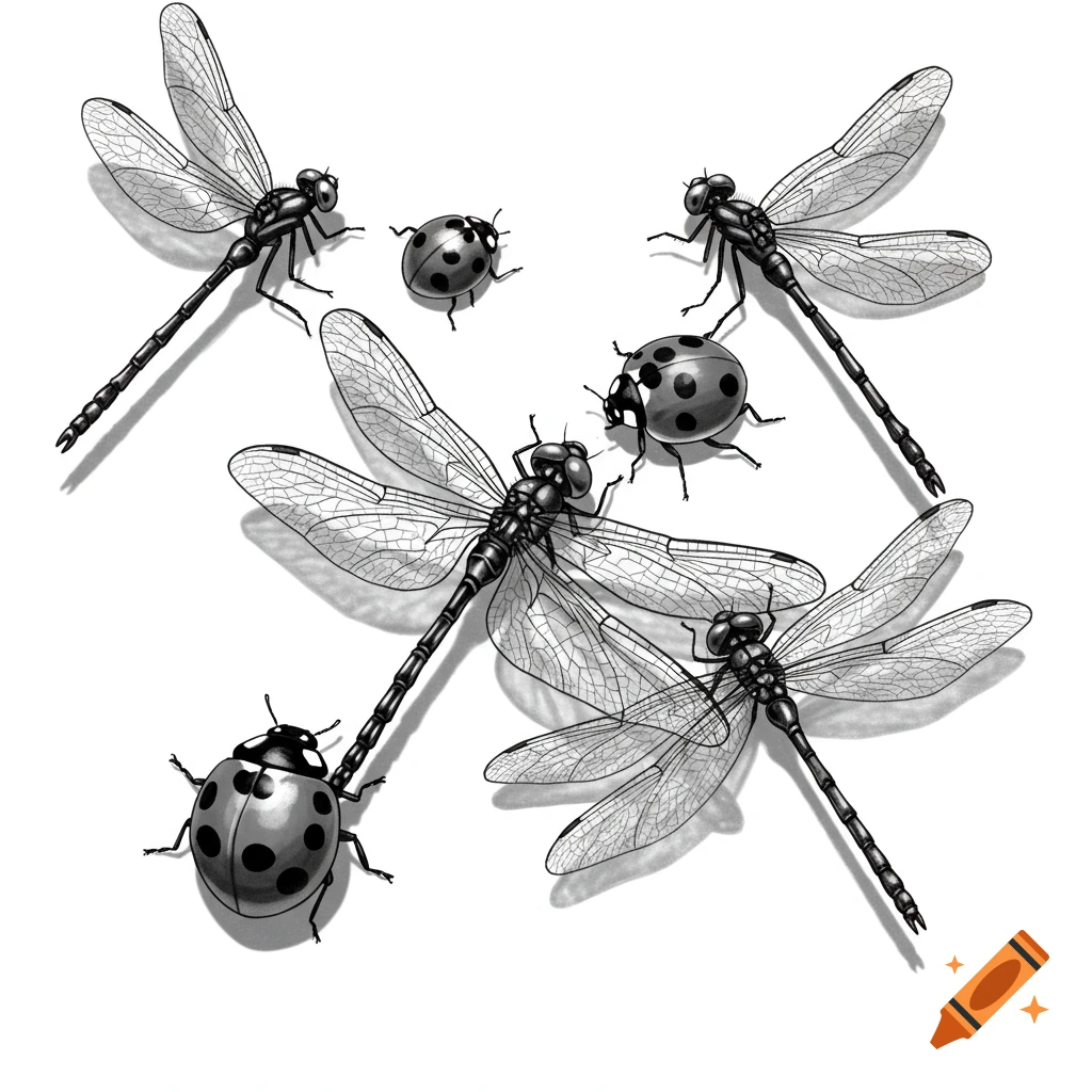 A black and white drawing featuring several dragonflies and ladybugs scattered on a plain white background, rendered with shadows.