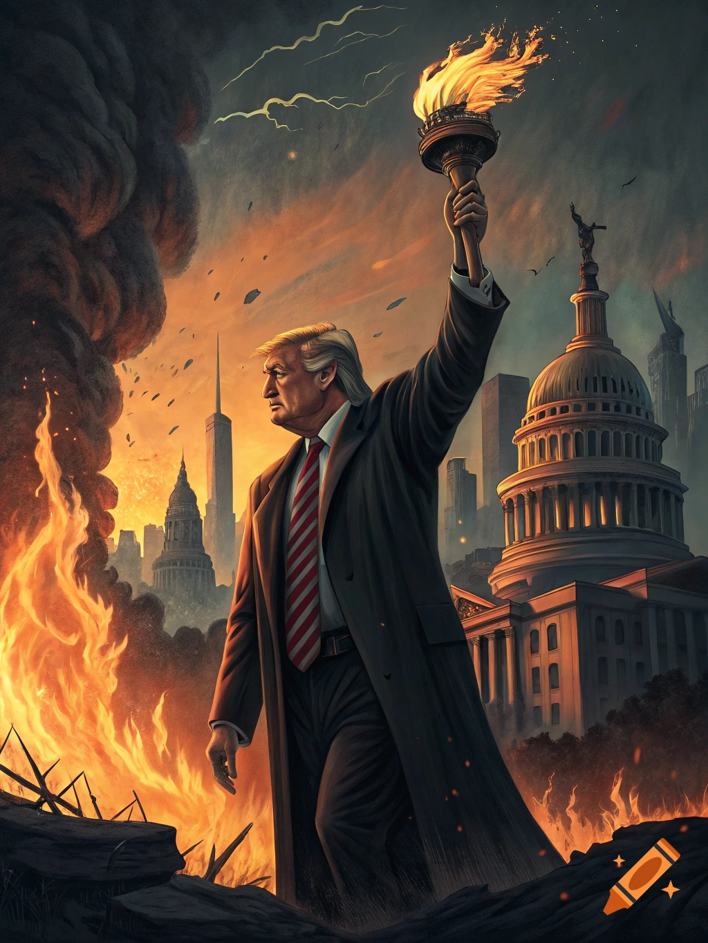 An illustrative image of Donald Trump holding a flaming torch amidst fire and smoke, with the US Capitol and city skyline in the background.