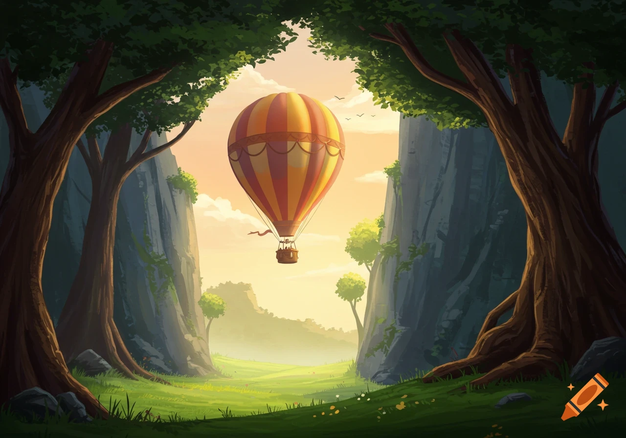 A vibrant hot air balloon floats above a lush green valley, nestled between ancient trees and towering cliffs at sunset.