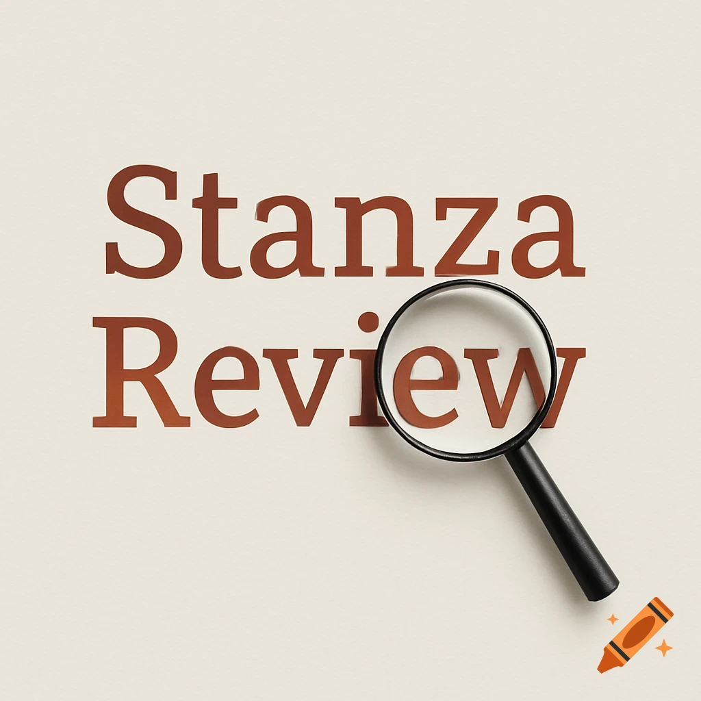 The words 'Stanza Review' in brown slab serif font on a light background, with a magnifying glass centered over the 'e' in 'Review'.