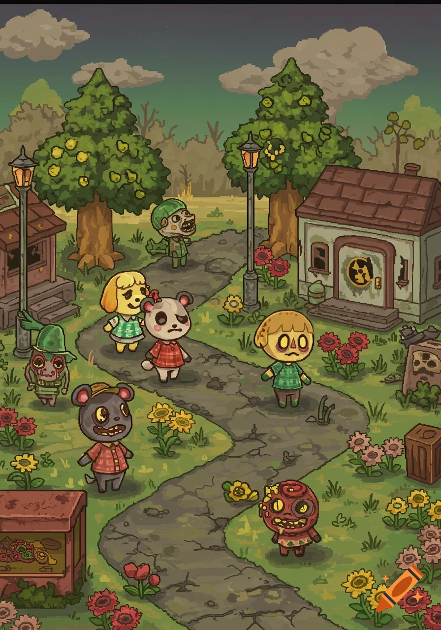 Pixel art of zombified Animal Crossing characters in a post-apocalyptic village with decaying houses and withered trees.