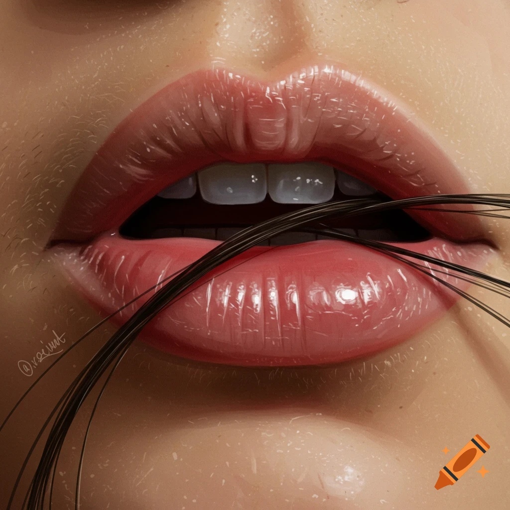 Photorealistic close-up of parted lips with dark strands of hair held between them.