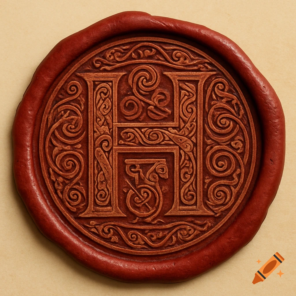 A red wax seal with an ornate, illuminated capital letter H in the style of the Book of Durrow.