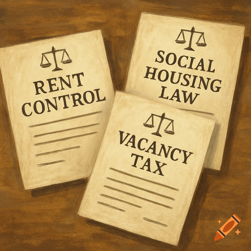 Three textured law papers on wood, labeled 'Rent Control,' 'Social Housing Law,' and 'Vacancy Tax,' each with scales of justice.